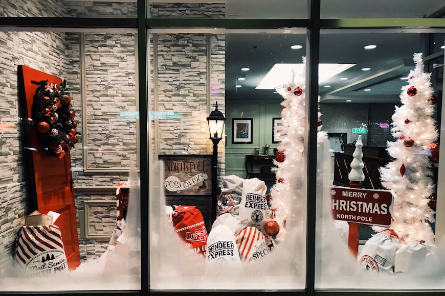 Christmas decorations displayed in a retail store